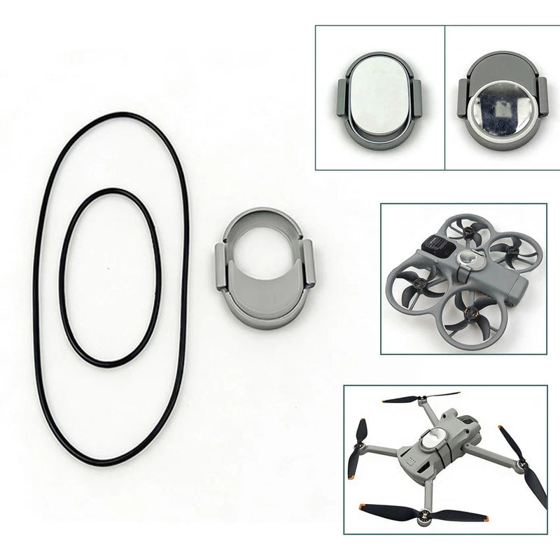 Drone tag positioning mounting bracket accessory set with circular base and strap ring
