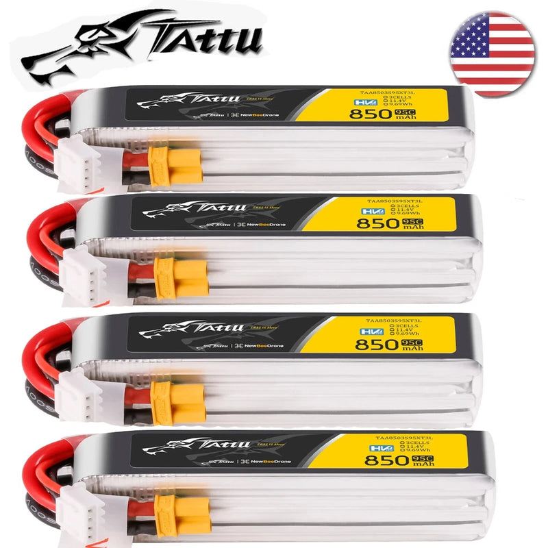 4x Tattu 850mAh 3S 95C 11.4V HV Lipo RC Drone Battery Long Pack with XT30 Plug Battery