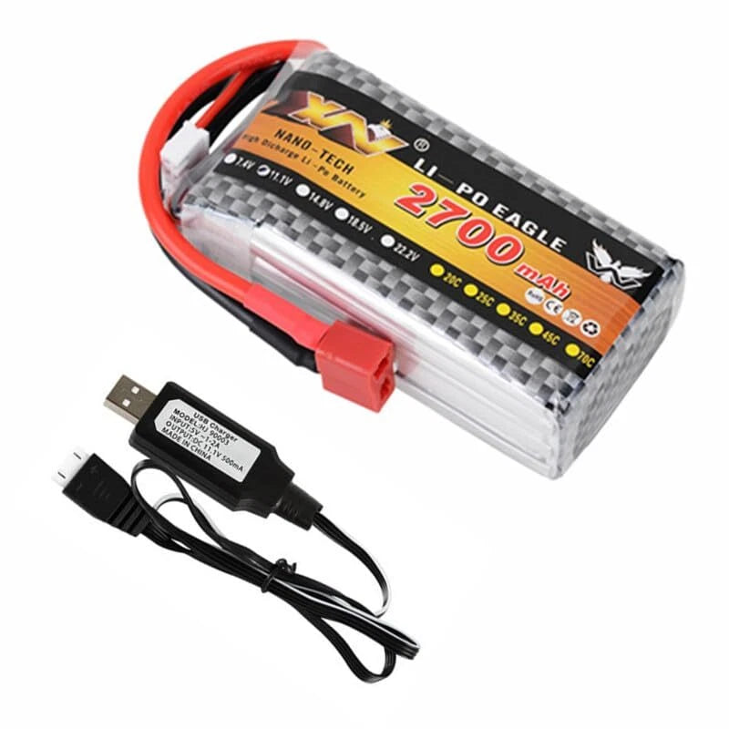 11.1V RC LiPo battery pack with label, red/black leads and connector plug
