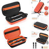 Hard shell carrying case for wireless two-microphone system, black and orange, zippered