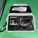 Open hard case with GoPro Hero3 action camera in clear housing and accessories