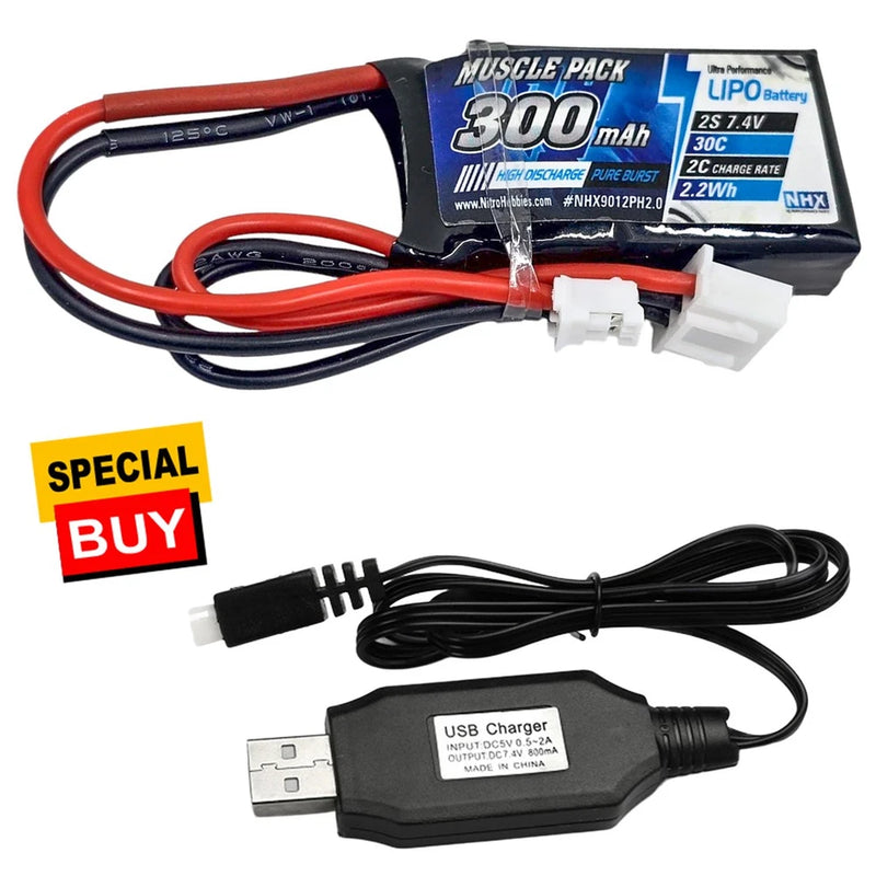 NHX 2S 7.4V 300mAh 30C Lipo Battery w/PH2.0 Plug + USB Balance Charger Orlandoo Battery
