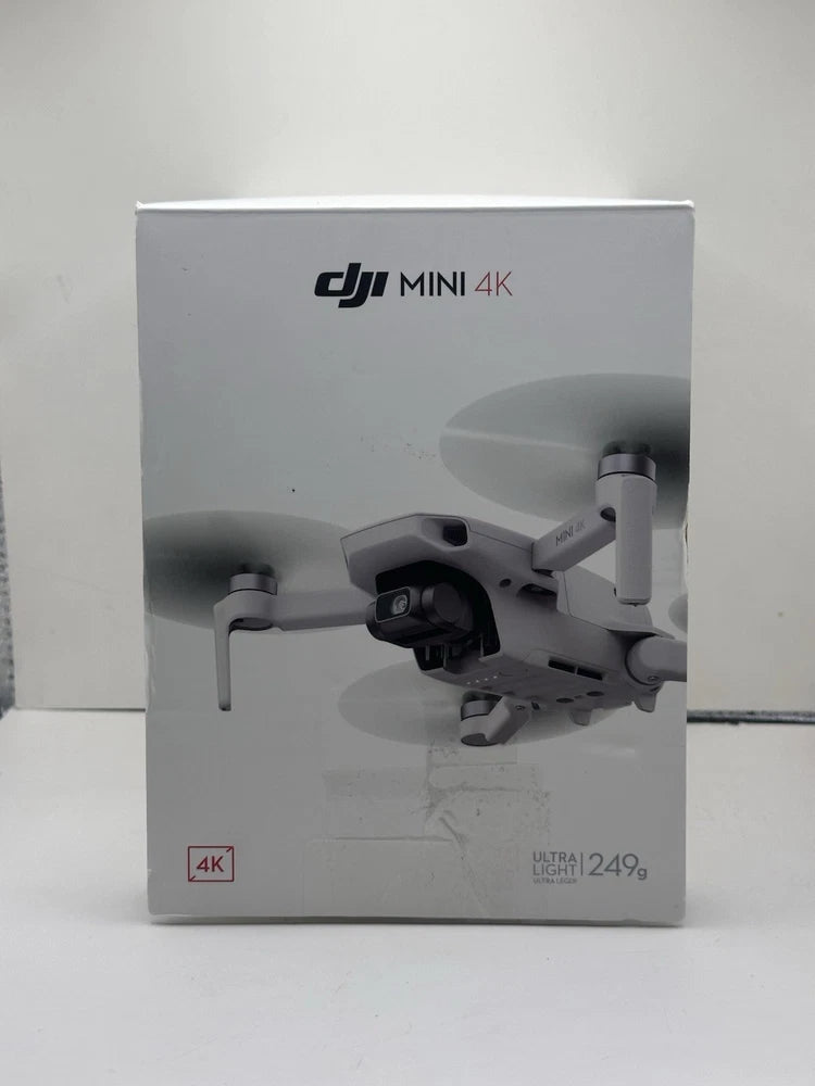 Drone box showing DJI Mini 4K with front camera and 3-axis gimbal