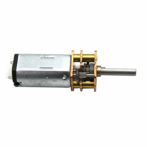 Metal gear DC motor with gold gearbox and silver housing, with output shaft