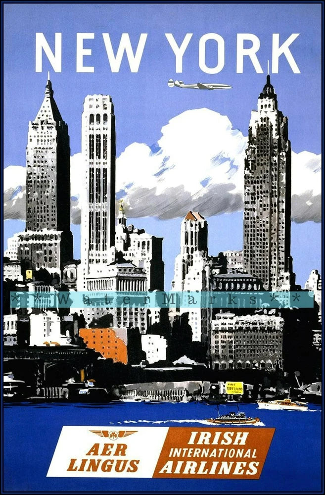 Ireland  1960 New York Fly Irish Air Vintage Poster Print Retro Style Travel