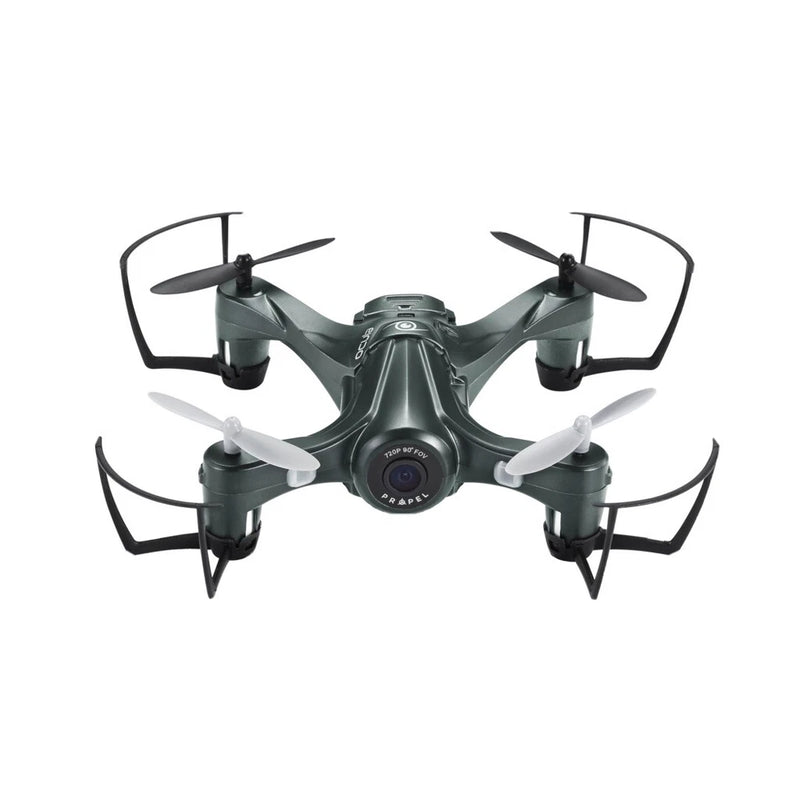 Black quadcopter drone with four propellers and front camera