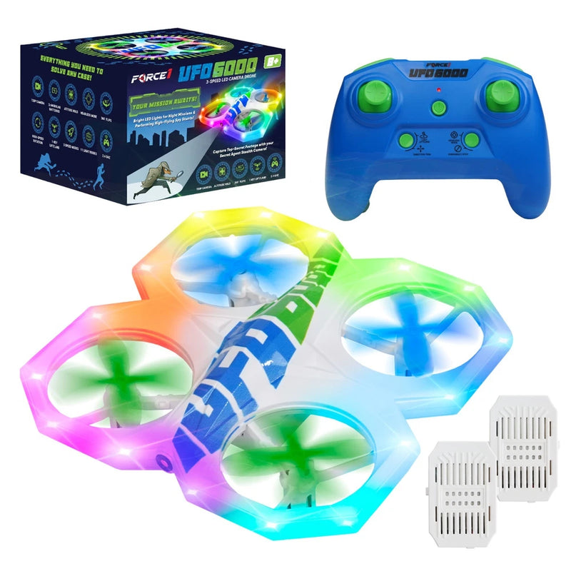 Mini RC stunt drone with LED lights, blue remote controller, and spare battery packs
