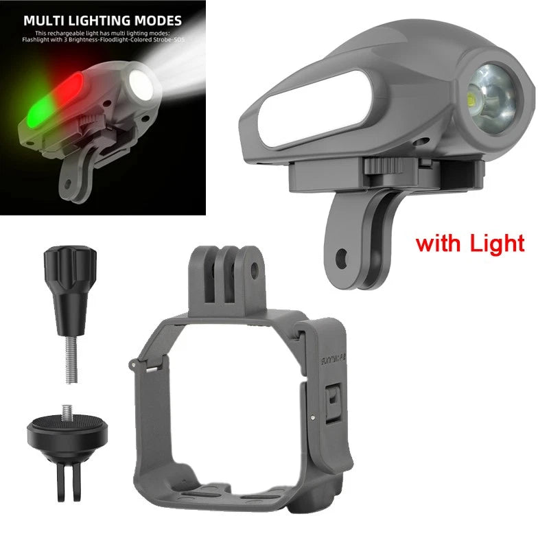 Drone searchlight mount holder with light, gray clamp bracket and front spotlight
