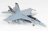 Light gray F/A-18F Super Hornet scale model with navy tail and landing gear