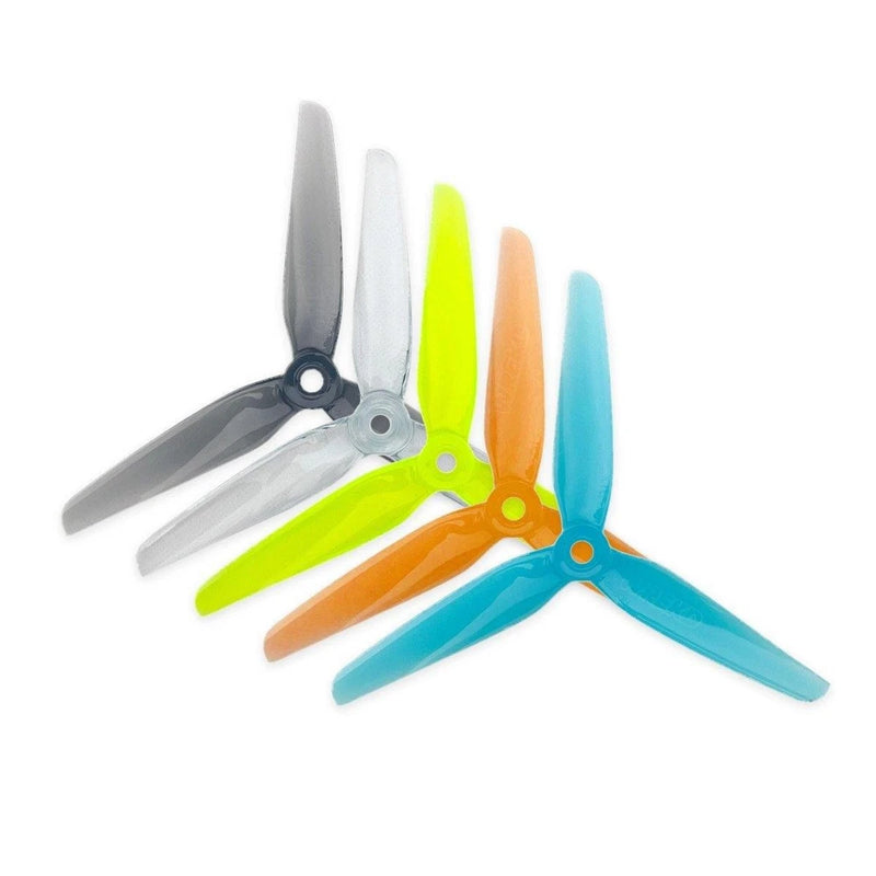 Tri-blade FPV drone propellers with multi-color blades and black hubs