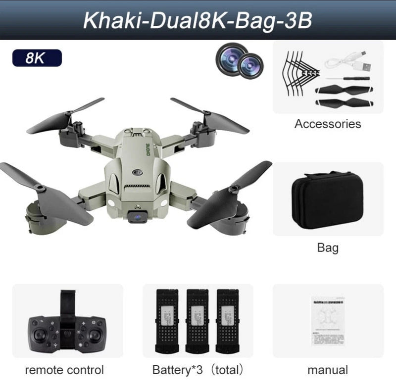 Khaki quadcopter drone with dual cameras and four propellers