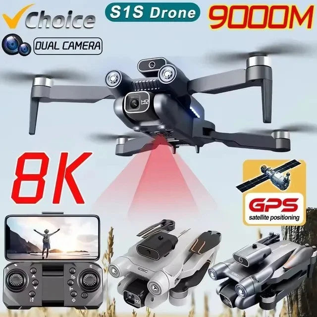 Foldable quadcopter drone with dual camera, black and gray body, four propeller arms