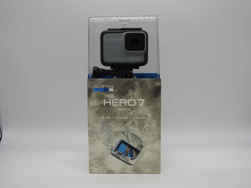 GoPro HERO7 action camera in white retail box with front window display
