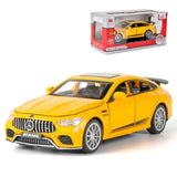 Yellow AMG GT63 1/32 diecast model car with detailed front grille and headlights