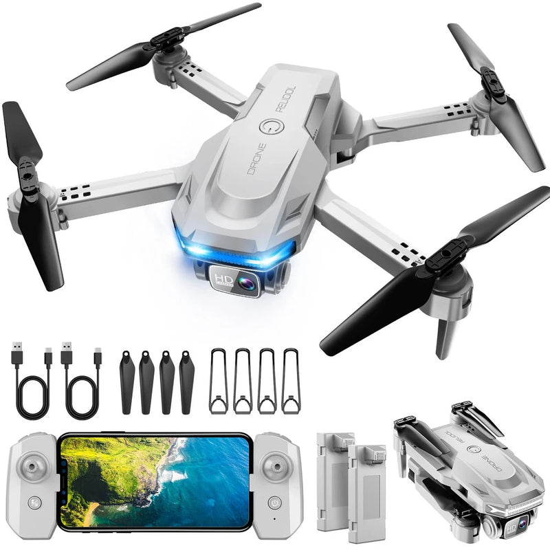 Foldable grey quadcopter drone with front camera and included accessories