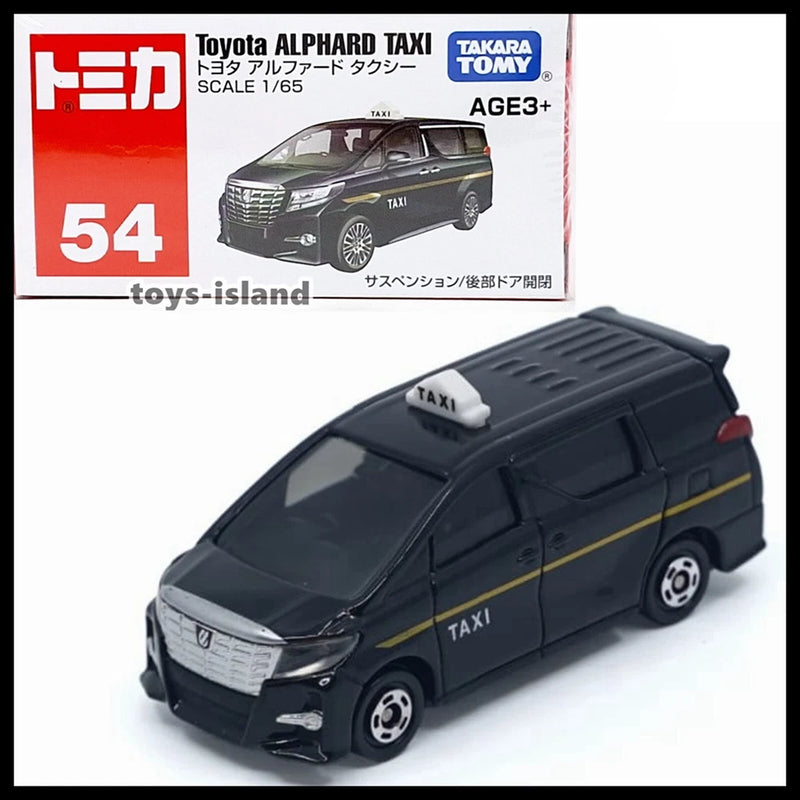 Die-cast taxi van model in dark blue with yellow stripe and TAXI marking