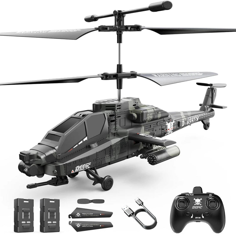 Black RC helicopter with controller and accessory parts, standard size