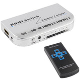 HDMI switcher box with remote, 5 inputs to 1 output, silver with select buttons