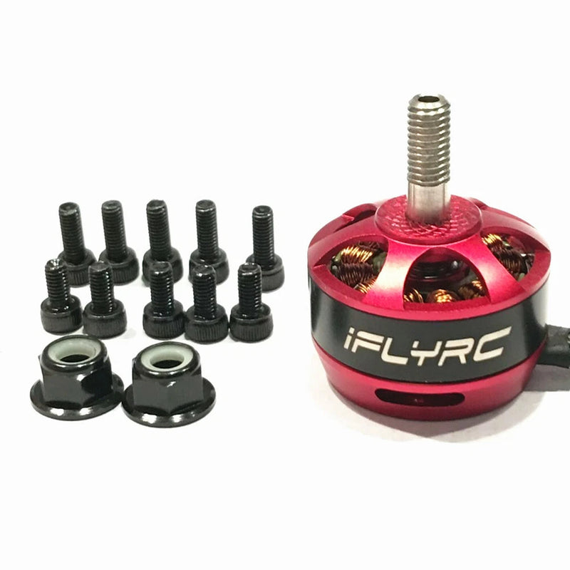 iFLYRC RD2205 brushless motor with red housing, mounting screws and washers