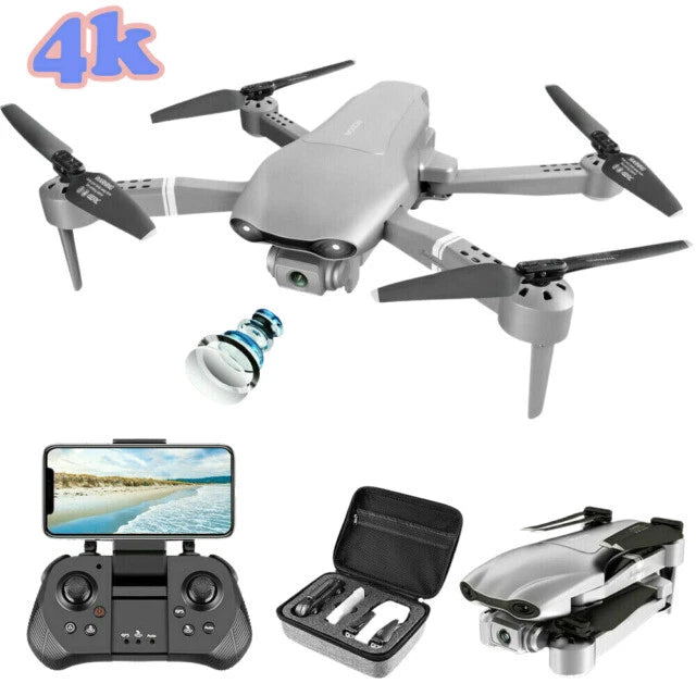 Gray 4K camera quadcopter with four propellers, handheld controller, and carrying case