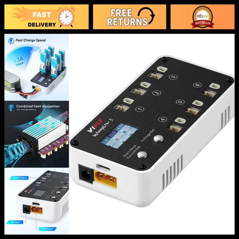 6-Port 1S LiPo Battery Storage Charger & Discharger with LCD Display for Tiny Wh Battery