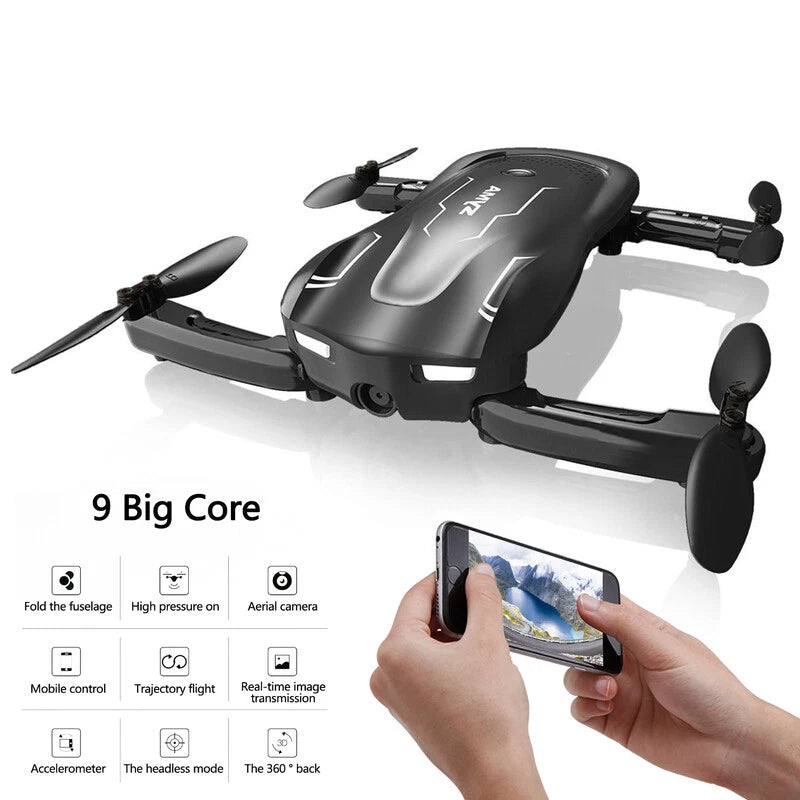 Foldable RC quadcopter drone with WiFi FPV camera, shown with smartphone display