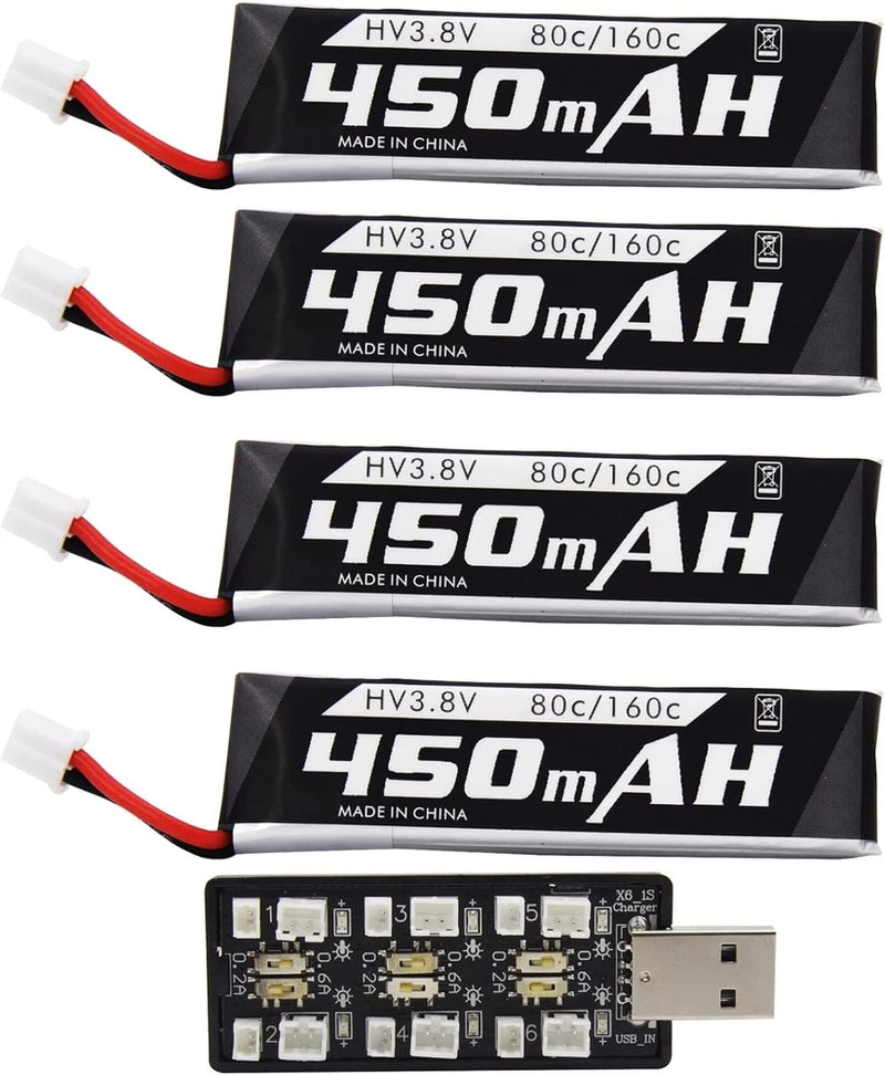 4 Pack 1S 3.8V 450mAh 80C Lipo Battery with PH2.0 Plug Compatible with S Free