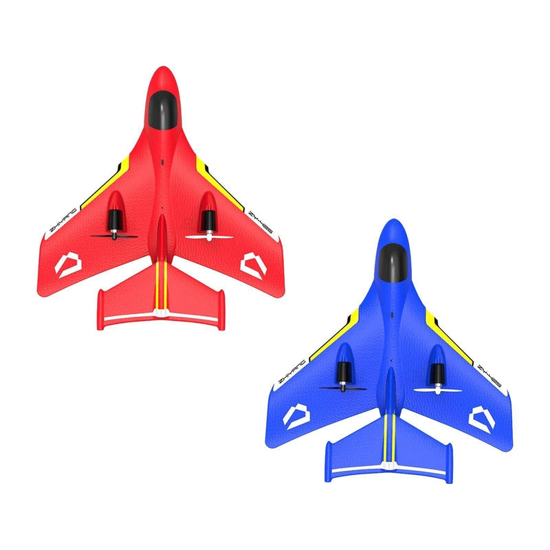 RC fixed-wing glider, red and blue twin-gear airplanes with nose cone