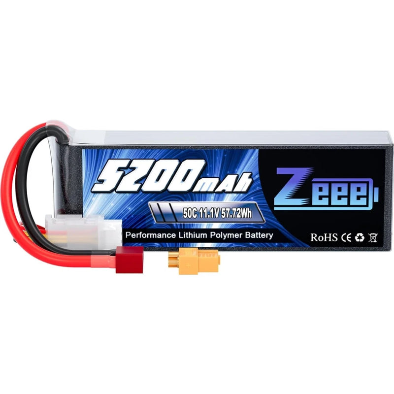 Rechargeable LiPo battery pack with soft case and red/black leads, capacity label attached