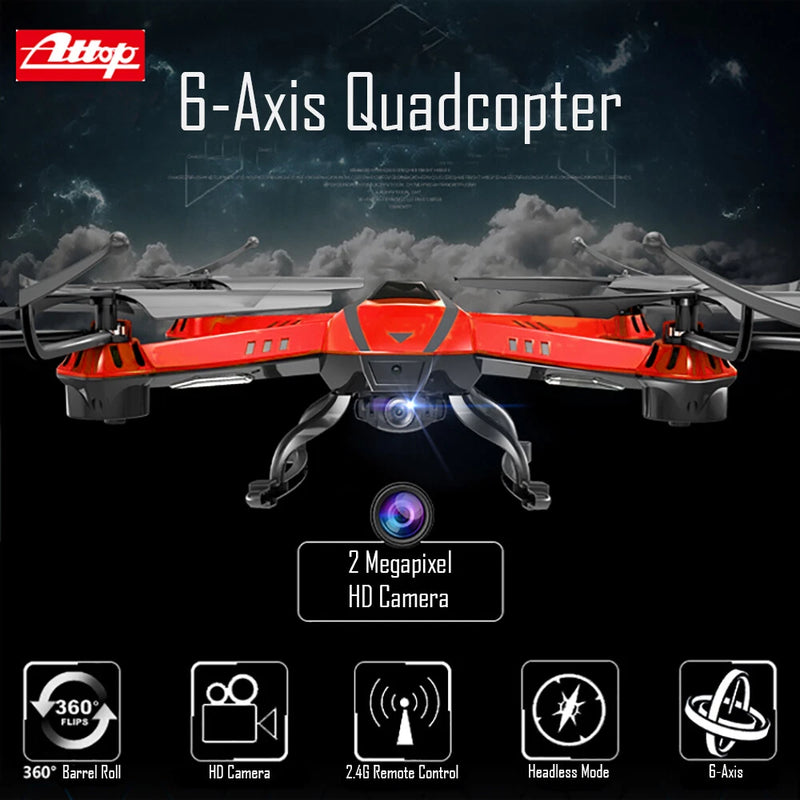 Orange 6-axis quadcopter drone with front camera and four rotors