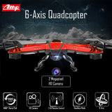 Orange 6-axis quadcopter drone with front camera and four rotors