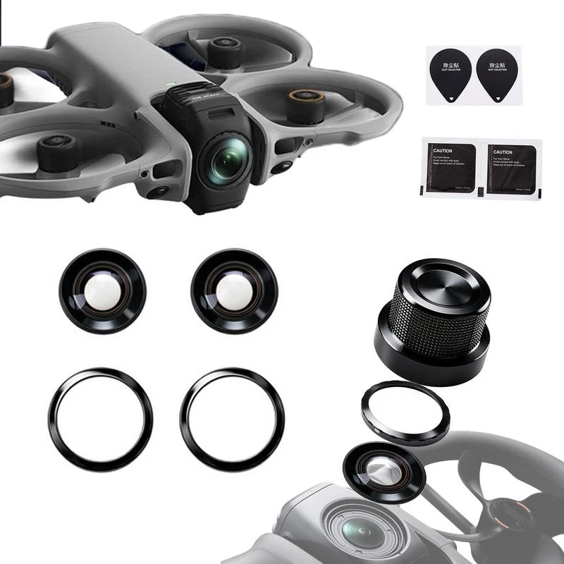 Drone camera lens replacement kit with glass lens rings and mounting cover
