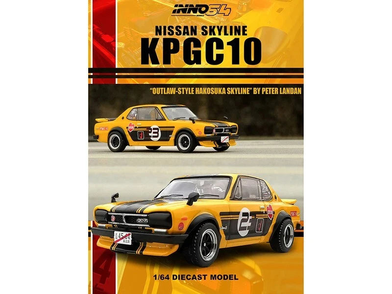 NISSAN SKYLINE 2000 GT-R KPGC10 RHD #23 YELLOW 1/64 INNO MODELS IN64-KPGC10-YL23