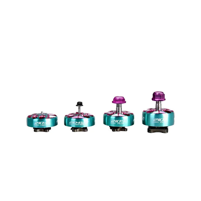Set of four teal brushless drone motors with purple end caps and mounting hardware