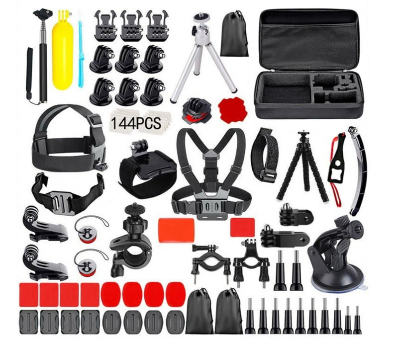 GoPro action camera accessory kit with mounts, straps, tripod, and carrying case