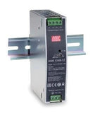 DIN rail DC/DC converter with green terminal block and metal enclosure