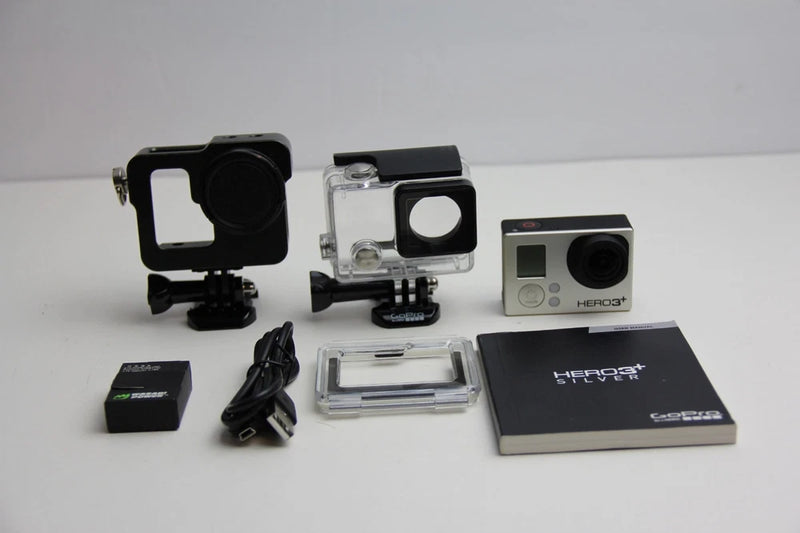 Silver GoPro Hero 3+ Plus action camera with housing, battery, mounts and accessories kit