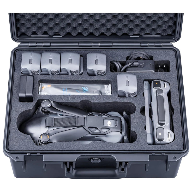 Black waterproof drone case with foam inserts and mounted controller pieces
