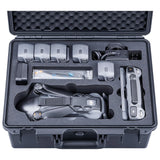 Black waterproof drone case with foam inserts and mounted controller pieces