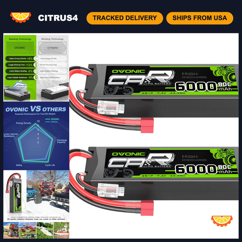 High-Capacity 6000mAh 80C 2S 7.4V Lipo Battery Hardcase for RC Cars, Airplanes, Battery