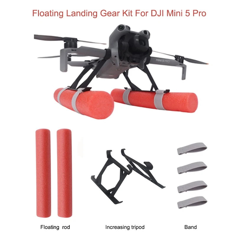 Floating landing gear kit with red foam floats and black mounting frame for drone