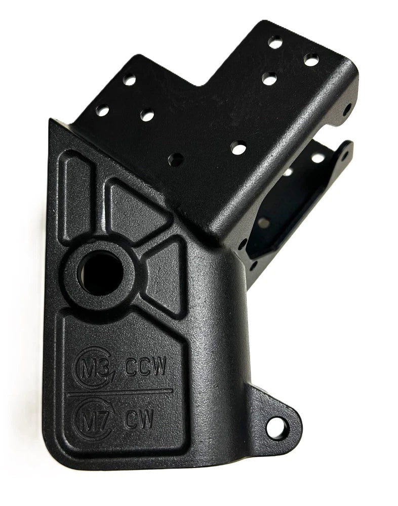 Aircraft arm connector bracket in dark gray plastic with mounting holes