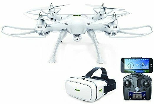 White quadcopter drone with VR headset and remote controller