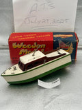 Green-striped white battery wooden model boat with cabin cutout