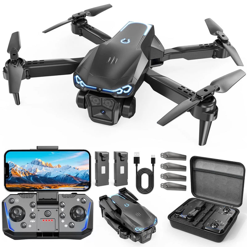 Foldable quadcopter drone with camera, shown with controller and accessory case