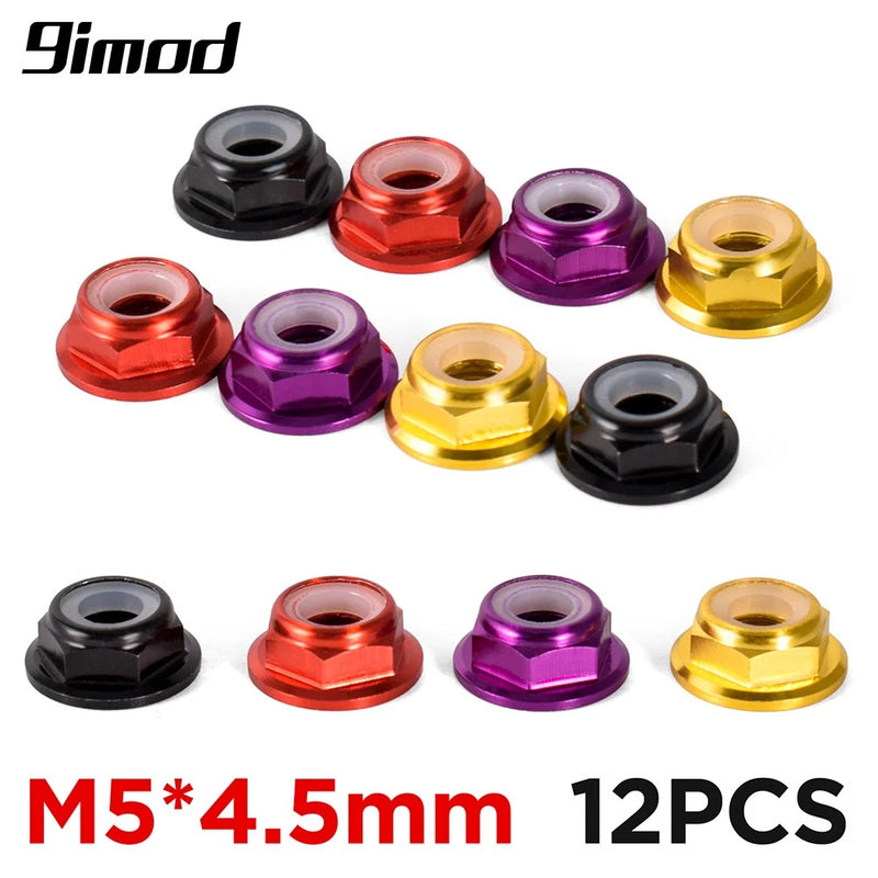 Set of 12 M5 flange lock nuts, assorted anodized colors: black, red, purple, gold