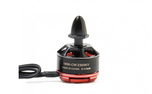 Brushless motor with black prop mount, red base, and attached lead wires
