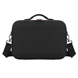 Black hard-shell shoulder bag with top handle, zipper closure, adjustable strap