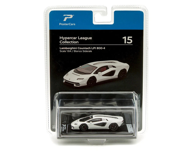 1:64 scale Lamborghini Countach model car in clear blister, white with black details