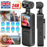Black handheld action camera with front lens, rear controls, and flip touch display